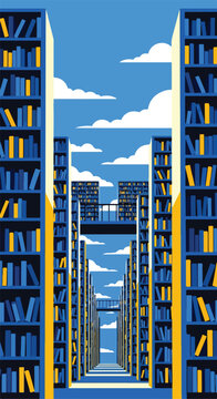 Tall bookshelves creating a path to the sky