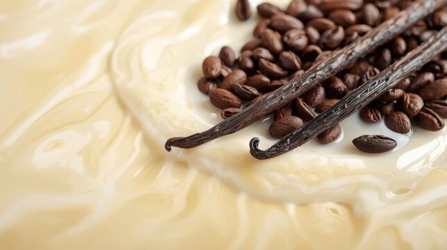 Vainas de vainilla de primera calidad sobre un fondo de suave degradado crema con ondas de espuma de leche