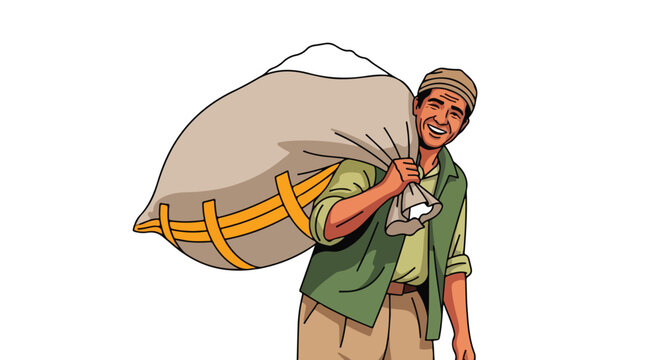 Man happily carries a large sack over his shoulder
