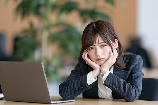 デスクで疲労困憊し憂鬱そうな若い日本人ビジネスウーマン