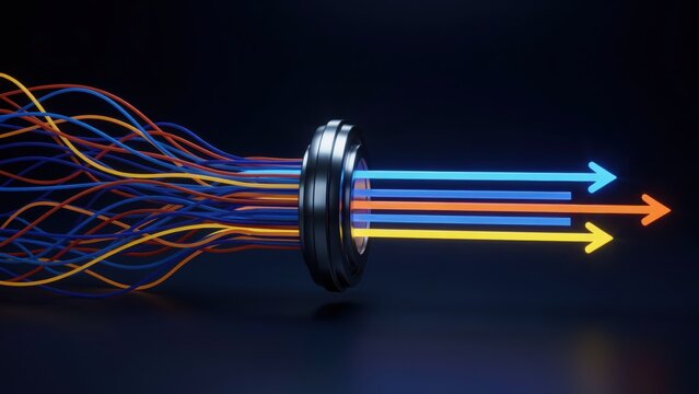 Tangled Wires Passing Through a Ring and Transforming Into Orderly Arrows Symbolizing Efficiency and Data Processing