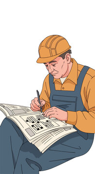 Man in hard hat filling in a crossword puzzle in the newspaper