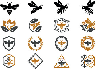 Obraz premium Minimalist Honey Bee Logo Template Collection Featuring Honeycomb Hexagons, Leaves, Floral Shields, and Golden Wreaths for Organic Farms and Honey Production Graphic Designs