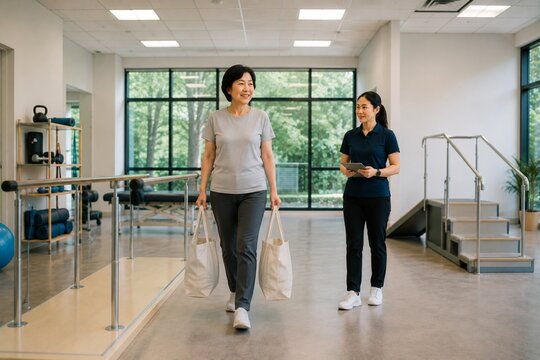 Asian senior woman practicing independent walking during physical therapy rehabilitation