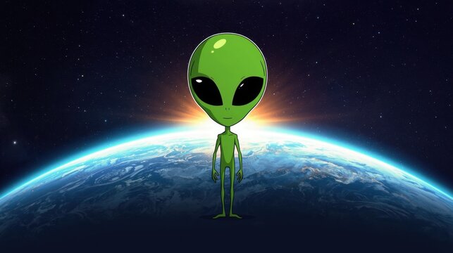 Figura estilizada de un alien&iacute;gena verde con grandes ojos negros, de pie con actitud segura sobre un fondo que muestra la Tierra y el espacio estrellado