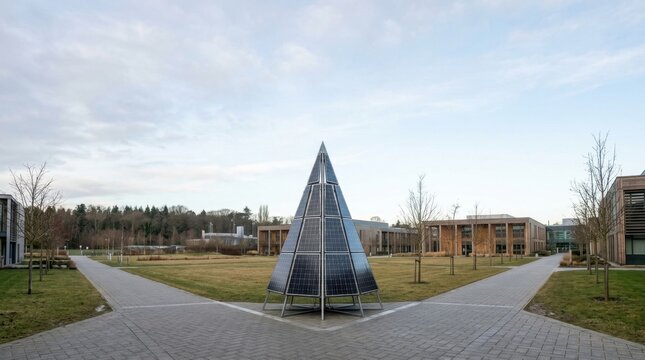 Innovative solar panel Christmas tree decorating green corporate campus courtyard