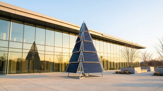 Modern Christmas tree built of solar panels outside glass corporate building