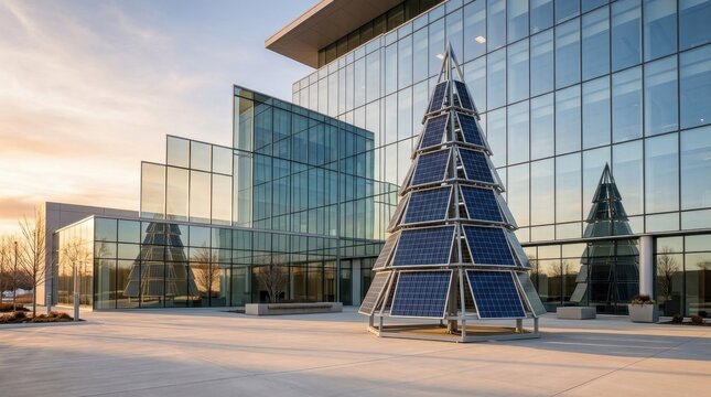 Sustainable solar panel Christmas tree reflecting in modern glass office facade