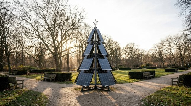 Eco friendly Christmas tree made of solar panels illuminating city park