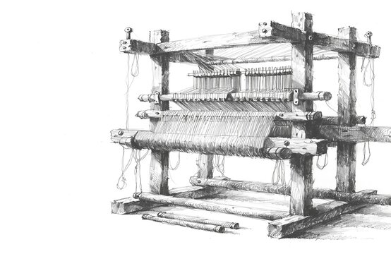 Vintage wooden handloom weaving machine in action