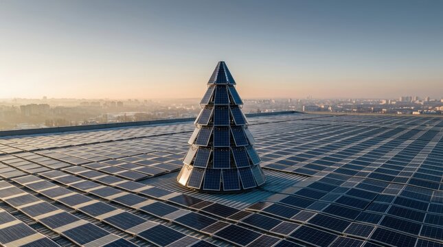 Alternative Christmas tree standing on rooftop covered with solar panel arrays
