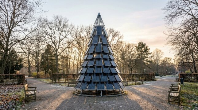 Conceptual solar panel Christmas tree standing in frosty winter city park