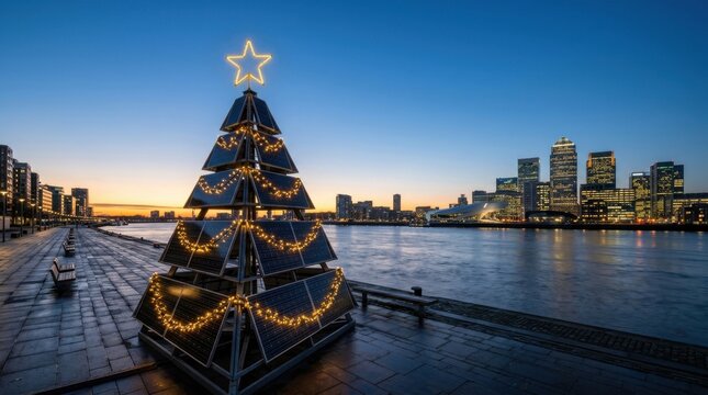 Illuminated solar panel Christmas tree decorating modern metropolis waterfront at dusk