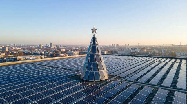 Futuristic solar panel Christmas tree glowing on vast renewable energy rooftop