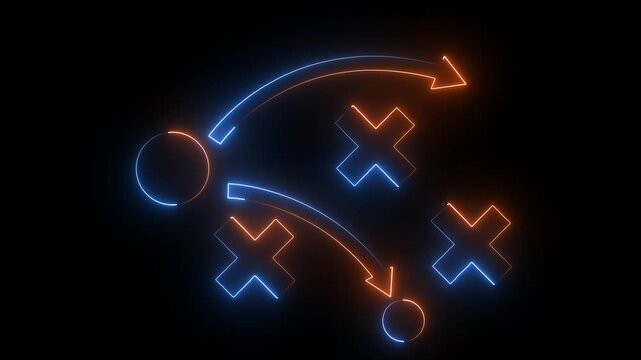 Neon strategy planning flowchart with animated arrows and markers for business growth and tactical analysis