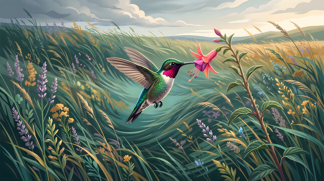 Hummingbird hovering still to sip from a flower in a windy field, precision and patience concept, editorial vector illustration