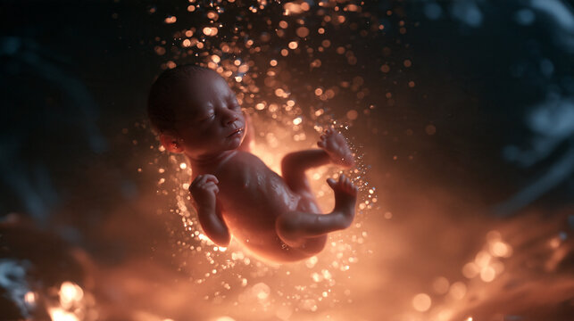 Human Fetus Developing in Womb with Glowing Light