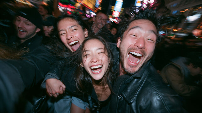 Excited Young Friends Taking Selfie During Nightlife Celebration