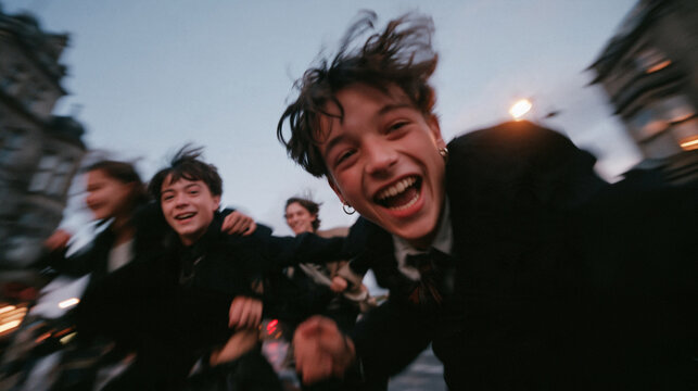 Excited Young Friends Running Joyfully on City Street