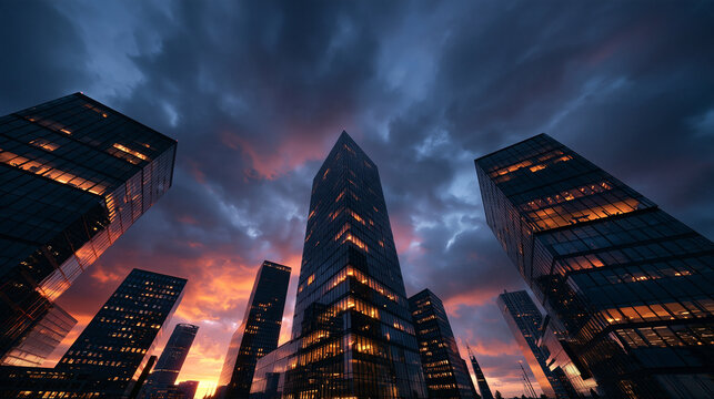 Modern Skyscrapers in Business District at Dramatic Sunset