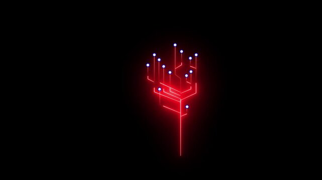 Abstract digital tree structure formed by glowing red light lines on a black background