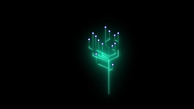 Glowing digital circuit tree structure with neon light nodes on a black background