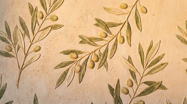 Decorative Bas-Relief Olive Branches on Textured Plaster Wall