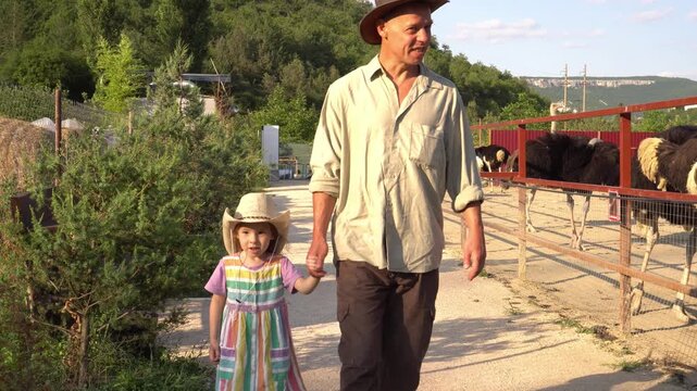 A family ostrich farm. A farmer, the father, with his child