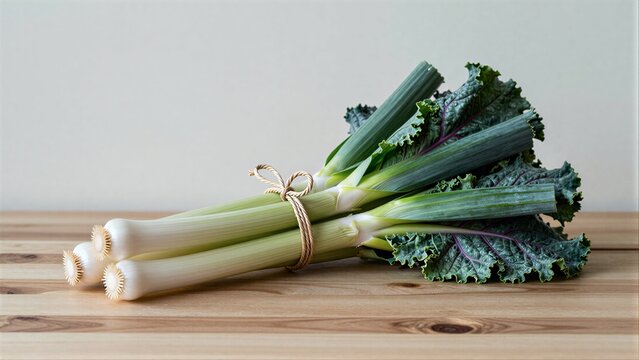Fresh leeks and kale rest on a wooden board, vibrant greens ready for cooking.