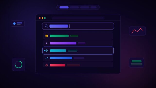 Animated dashboard user interface with search bar and analytics charts