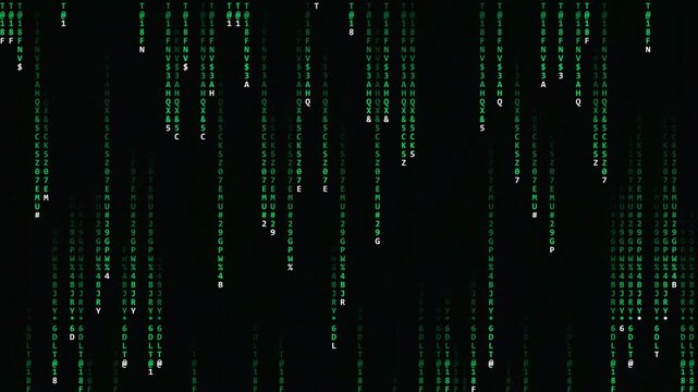 Glowing digital green matrix data&nbsp;code rain falling vertically&nbsp;on black background animation