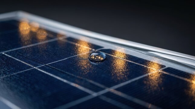 Capture macro details of a water drop sitting on an illuminated photovoltaic solar panel