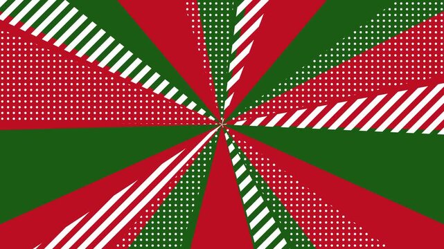 ドット模様やストライプが混ざったクリスマスカラーのコミックブック風放射状背景アニメーション