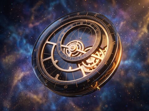 Golden gears turn in silent harmony against the infinite breath of the cosmos. A celestial relic measuring the dreams of the universe, where time and starlight forever intertwine.