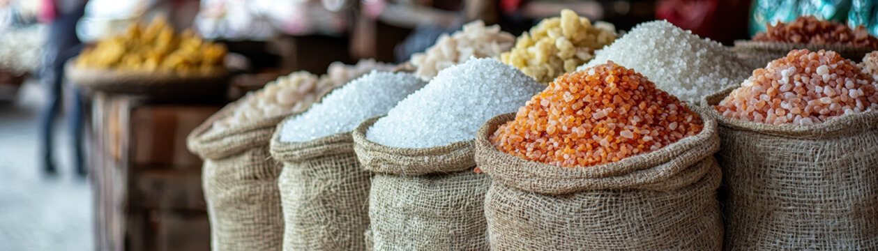 Vibrant marketplace stall filled with bags of colorful sea salt, showcasing various types of natural sodium chloride. Customers are drawn to explore health benefits of these minerals