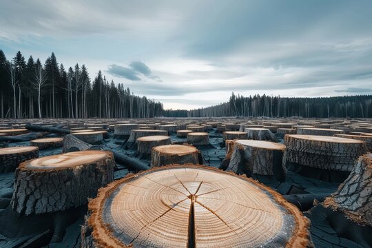 A deforested area featuring stumps and fallen trees Emphasize the stark contrast between the cleared land and the remaining forest to highlight deforestation