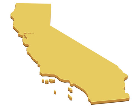 3D illustration symbolizing regional identity, travel, economy, and west coast geography, featuring the state silhouette map of California in extruded yellow (cut out)