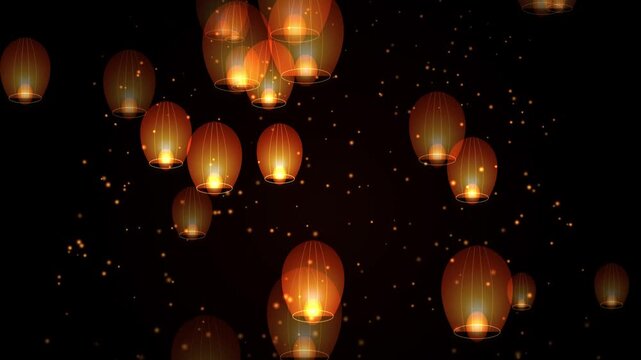Floating sky lanterns night background: glowing paper lights rising in dark atmosphere floating lights