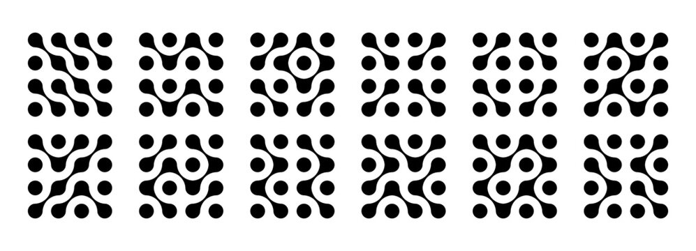 Metaball shapes dot set with connect logo pattern. Abstract circle liquid fluid blobs icon with organic concept form for network background. Design vector element of metaball