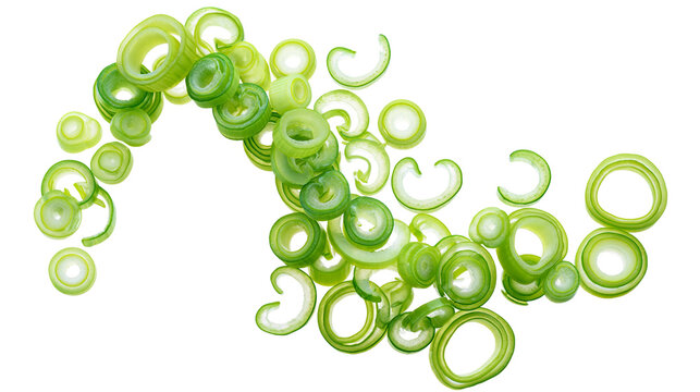 Isolated fresh vibrant green onion slices or scallions arranged in a dynamic wave pattern