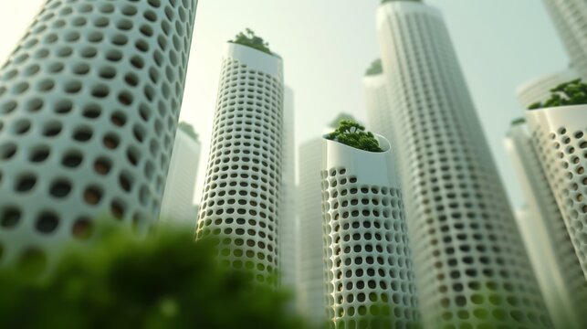Futuristic cityscape featuring mycelium-based skyscrapers, showcasing organic architecture and sustainable urban planning, promoting clean air and innovative green technology solutions.