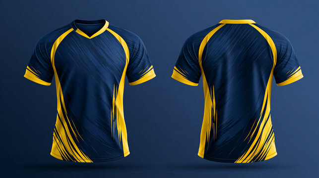 Front and back view of a blue and yellow soccer jersey mockup. Useful for custom team apparel design and sports branding templates.