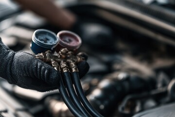 Fototapeta premium Gloved hand holding automotive manifold gauges and hoses against an engine, measuring air-conditioning pressure during vehicle AC service.