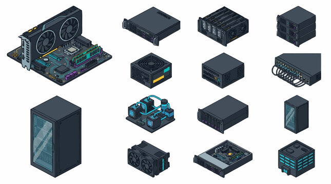 Industrial Isometric of Modern Computer Hardware Components in Dark Blue and Black with high quality professional line art symbols for modern creative design and digital branding projects
