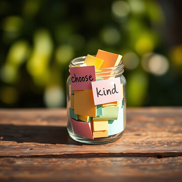 Glass jar filled with colorful sticky notes featuring positive handwritten messages