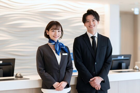 笑顔の日本人男女が受付カウンターで丁寧にお客様をおもてなし