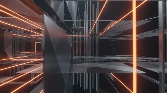 Futuristic Dark Geometric Corridor with Glowing Orange Neon Lines, Modern Sci-Fi Interior Tunnel Background