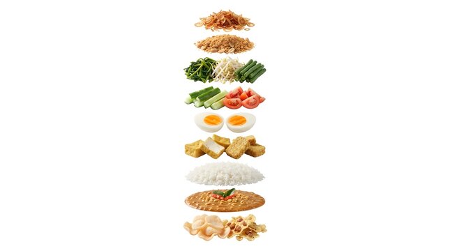 Indonesian Pecel Salad Ingredients Vertical Assembly Floating Isolated on White Background, Traditional Javanese Vegetable Dish with Peanut Sauce