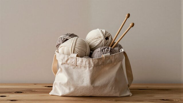 Knitting supplies in a canvas bag on wooden table.