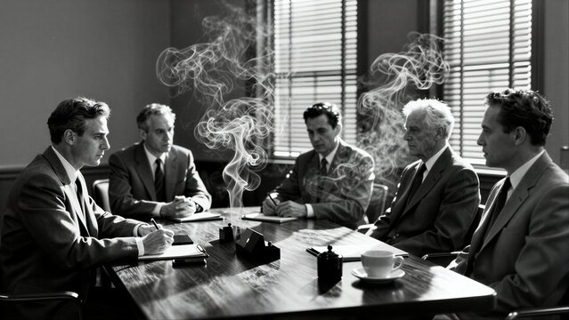 Five men in suits sit around a table, smoke rising from one man's cigarette.
